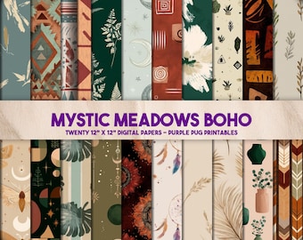 Mystic Meadows Boho - Boho Digital Paper, Boho Seamless Pattern, Boho Prints, Boho Background, Bohemian Digital Paper, Boho Scrapbook