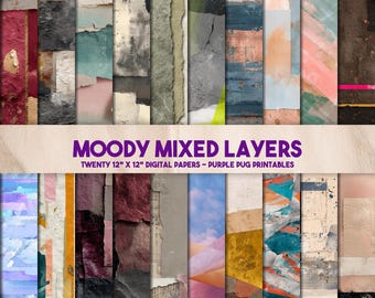Moody Mixed Layers-Grunge digitaal papier, abstracte collageachtergronden, ongewenste dagboektexturen, vintage plakboekpagina's, gedempte kleuren