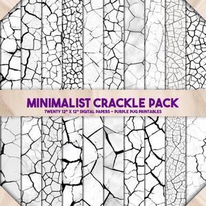 Può includere: Una collezione di venti carte digitali da 30,5 cm x 30,5 cm con un design minimalista a screpolature. Le carte presentano uno sfondo bianco con motivi di crepe neri. Il testo "MINIMALIST CRACKLE PACK" è visibile.