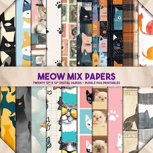 May include: A collection of twenty 12" x 12" digital papers with various cat-themed designs. The papers feature illustrations of cats in different styles, including cartoon cats, cat faces, and paw prints. The text "MEOW MIX PAPERS" is displayed.