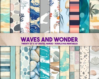 Waves and Wonder - strand digitaal papierpakket, naadloze pastel oceaanachtergronden, nautische scrapbooking, zomertexturen, instant download