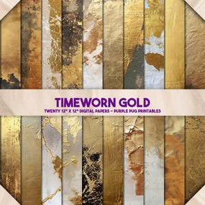 Timeworn Gold - grunge gold foil digital paper, textured background pack, junk journal paper, vintage instant download