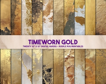 Timeworn Gold - grunge gold foil digital paper, textured background pack, junk journal paper, vintage instant download