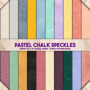 Può includere: Una collezione di venti carte digitali, ciascuna di 30,48 cm x 30,48 cm, in colori pastello con macchie bianche. Le carte includono tonalità di beige, grigio, giallo, blu, viola e rosa. Il testo "PASTEL CHALK SPECKLES" è visualizzato.