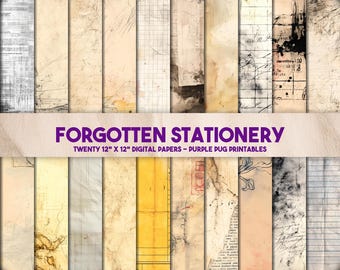 May include: A collection of twenty 12" x 12" digital papers with a vintage aesthetic. The papers feature aged textures, handwritten notes, and faded colors, including beige, yellow, and gray. The text "FORGOTTEN STATIONERY" is displayed in purple.