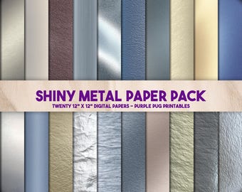 Shiny Metal Paper Pack - Seamless metallic foil digital paper, brushed metal textures, gold silver background, luxe shiny paper, foil effect