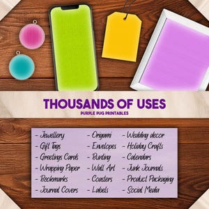 May include: A wooden surface displays a smartphone with a green screen, a yellow tag, and a framed purple print. Two round pink and teal ornaments are also present. The text reads "THOUSANDS OF USES" and lists various craft applications.