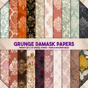 May include: A collection of twenty 12" x 12" digital papers with a grunge damask design. The papers feature various colors, including teal, orange, black, and gold, with floral patterns. The text "GRUNGE DAMASK PAPERS" is displayed.