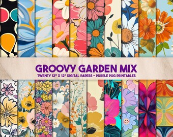 Groovy Garden Mix - Papel digital con flores retro, estampados florales de los años 60, paquete de scrapbooking Groovy, descarga instantánea, material para revistas basura