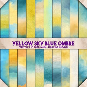 Yellow Sky Blue Ombre - Watercolour Ombre Digital Papers, Beachy Pastel Backgrounds, Blue Yellow Paper, Instant Download for Junk Journals