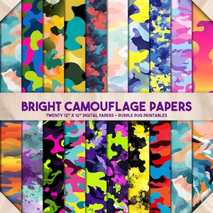 Bright Camouflage Papers - Bright Camouflage Digital Paper, Neon & Pastel Camo Textures, Junk Journal Backgrounds, Instant Download