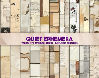 Quiet Ephemera - Neutral Ephemera Digital Paper, Vintage Junk Journal Backgrounds, Aged Collage Textures, Instant Download Scrapbook Kit