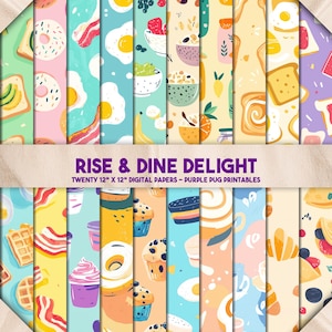 May include: Twenty digital paper designs featuring a variety of breakfast foods, including eggs, bacon, donuts, muffins, and croissants. The papers are in a bright and colorful style with a whimsical feel. The text "RISE & DINE DELIGHT" and "TWENTY 12" X 12" DIGITAL PAPERS - PURPLE PUG PRINTABLES" is included in the image.