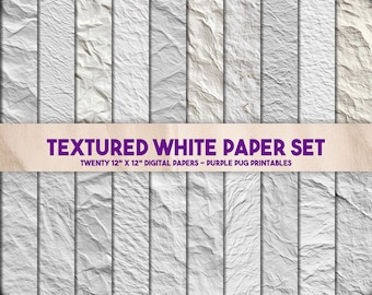 May include: A set of twenty digital papers with a textured white design. Each paper measures 12 inches by 12 inches. The text "TEXTURED WHITE PAPER SET" and "TWENTY 12" X 12" DIGITAL PAPERS - PURPLE PUG PRINTABLES" are displayed.