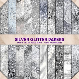 May include: Twenty digital papers featuring silver glitter textures. Each paper is 12 inches by 12 inches.  The papers are perfect for crafting, scrapbooking, and digital design projects.