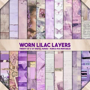 Worn Lilac Layers - digital paper lilac junk journal kit, vintage collage ephemera, torn pages, stationery, instant download