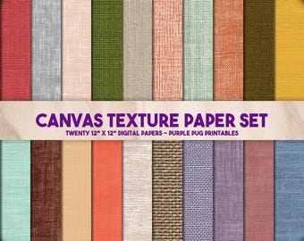 May include: A set of twenty 12 x 12 inch digital papers with various canvas textures in a range of colors, including red, gray, green, and orange. The text "CANVAS TEXTURE PAPER SET" is displayed across the top.
