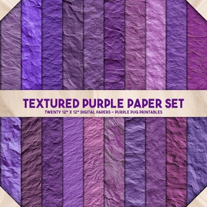 May include: A set of twenty digital papers in shades of purple, with a textured, crumpled effect. Each paper measures 30.48 cm by 30.48 cm. The text "TEXTURED PURPLE PAPER SET" is displayed across the image.