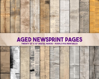 Aged Newsprint Pages - Vintage newspaper textures, old newsprint backgrounds, grungy journal pages, antique printable paper pack