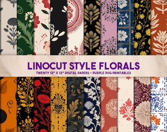 Florale Muster im Linolschnitt-Stil - Nahtloses digitales Papierpaket, Folk-Block-Print-Texturen, Vintage-Blumenmuster, druckbarer Hintergrund, Junk-Journal