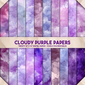 May include: Twenty digital papers, each 30.5 cm x 30.5 cm, showcasing a cloudy purple watercolour design. The papers display a range of purple hues, from pale lavender to deep violet, creating a textured, dreamy effect. Text on the image reads "Cloudy Purple Papers".