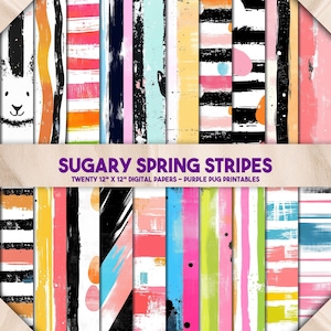 Peut inclure: Vingt papiers numériques avec des rayures colorées dans différents motifs. Les papiers mesurent 30,5 cm sur 30,5 cm et sont parfaits pour le bricolage et le scrapbooking.