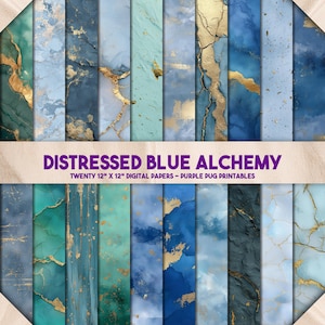 Distressed Blue Alchemy - Blue and gold digital paper pack, watercolor backgrounds, metallic foil textures for junk journals & crafts