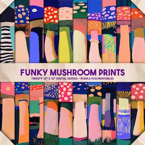 Impressions funky de champignons - impressions colorées de clipart de champignon, paquet de papier de forêt lunatique, art de champignon pour des journaux intimes et des travaux manuels