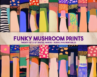 Funky Mushroom Prints - Colorful Mushroom Clipart Prints, Whimsical Forest Paper Pack, Fungi Art for Junk Journals & Crafts