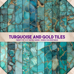 May include: A collection of twenty digital papers, each 12" x 12", featuring a turquoise and gold tile design. The tiles have a marbled appearance with gold veining. The text "TURQUOISE AND GOLD TILES" is displayed on a purple banner.