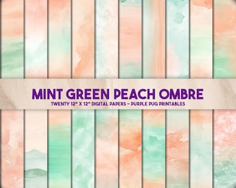 Mint Green Peach Ombre - Watercolour Backgrounds, Muted Pastel Digital Paper, Coral & Mint Scrapbook Pack, Instant Download, Junk Journal