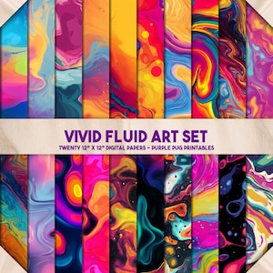 May include: A collection of twenty 12" x 12" digital papers with vibrant fluid art designs. The color palette includes shades of purple, yellow, orange, and teal. The text "VIVID FLUID ART SET" is displayed across the image.