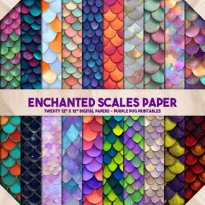 Pode incluir: Uma coleção de vinte papéis digitais de 30,5 cm x 30,5 cm com padrões de escamas coloridas em várias tonalidades. Os papéis incluem tons de rosa, verde, azul, laranja e roxo. O texto na imagem diz "ENCHANTED SCALES PAPER".