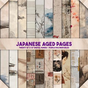 May include: Twenty 30.5 cm x 30.5 cm digital papers with a Japanese theme. The papers showcase aged textures, koi fish illustrations, bamboo, and cherry blossoms, along with Japanese text. The text "JAPANESE AGED PAGES" is visible.