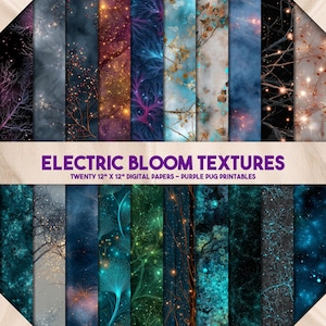 May include: Twenty digital papers, each 30.5 cm x 30.5 cm, showcasing abstract designs in a variety of colours. The papers feature blues, purples, greens, and golds, with textured patterns. The text "ELECTRIC BLOOM TEXTURES" is displayed.