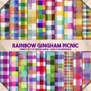 Puede incluir: Veinte papeles digitales con un patrón de cuadros vichy arcoíris. Cada papel mide 30,5 cm por 30,5 cm.