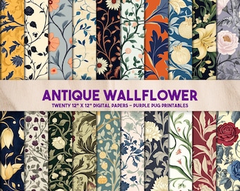 Antique Wallflower - Seamless William Morris Printable Papers, Floral Digital Paper Pack, Vintage Botanicals, Junk Journal Ephemera,