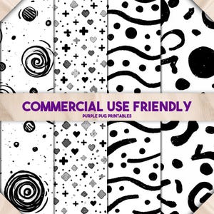 May include: A collection of eight black and white patterned digital papers. Designs include swirls, dots, hearts, crosses, and wavy lines. The text "COMMERCIAL USE FRIENDLY" is displayed on a purple banner, with "PURPLE PUG PRINTABLES" below.