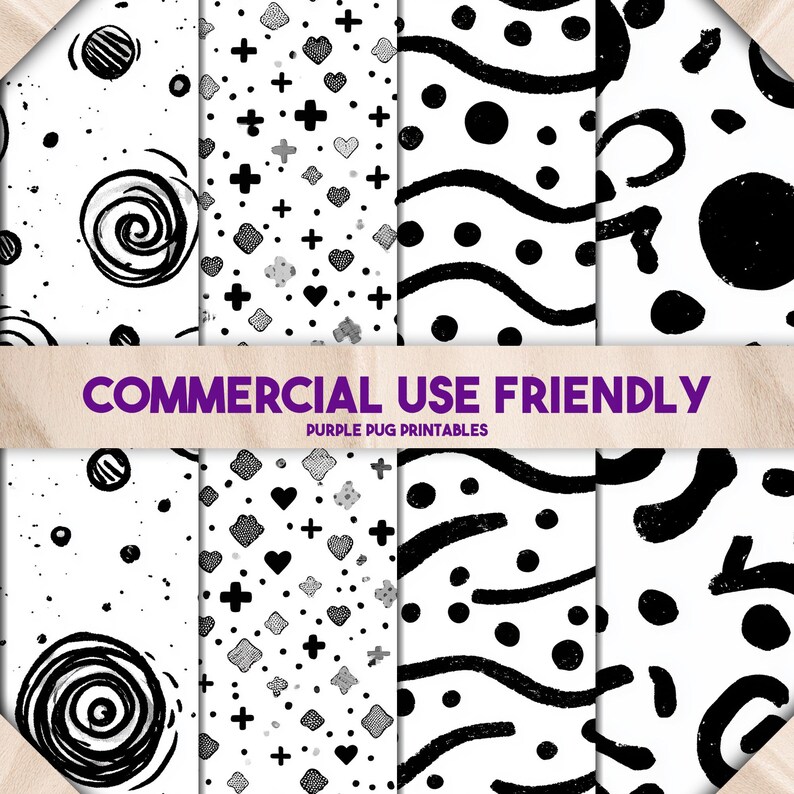 May include: A collection of eight black and white patterned digital papers. Designs include swirls, dots, hearts, crosses, and wavy lines. The text "COMMERCIAL USE FRIENDLY" is displayed on a purple banner, with "PURPLE PUG PRINTABLES" below.