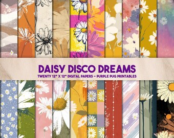 Sueños Disco de Margaritas: Papeles digitales retro sin costuras con margaritas, paquete de álbumes de recortes florales con estilo, fondos para diarios basura, impresiones con el poder de las flores de los 70