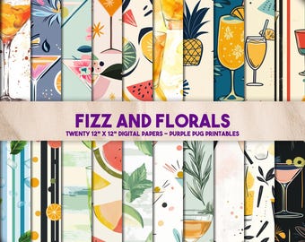 Fizz and Florals - Cocktail Digital Paper Pack, Tropical Drink Patterns, Martini & Mojito Clipart, Instant Download, Summer Scrapbooking