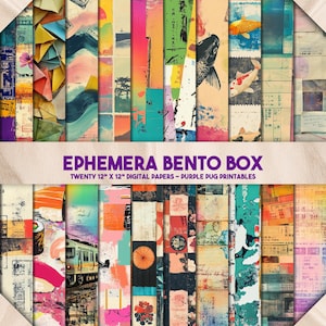 Boîte à bento éphémères - paquet de papier numérique éphémère japonais, reçus vintage, textures arc-en-ciel, arrière-plans de collage, téléchargement immédiat