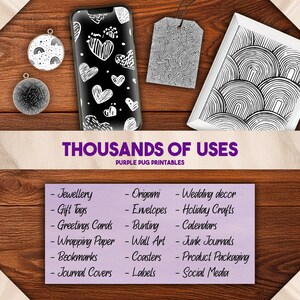 May include: A wooden surface displays a smartphone case, gift tag, and framed art, all with black and white designs. The phone case features heart patterns. The tag and art have abstract patterns. The text reads "THOUSANDS OF USES" and lists various craft applications.
