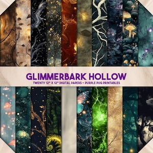 Glimmerbark Hollow - Magic Forest Digital Papers, Seamless Enchanted Tree Backgrounds, Junk Journal Pages, Glowing Nature Scrapbook Pack