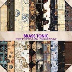 Könnte beinhalten: Eine Sammlung von zwanzig 30,48 cm x 30,48 cm Digitalpapieren mit Steampunk-Motiven. Die Papiere zeigen Zahnräder, Uhren, Blaupausen und industrielle Texturen in Braun-, Blau- und Metallic-Tönen. Der Text "Brass Tonic" ist in Lila dargestellt.