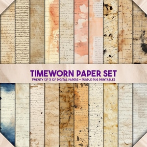 May include: A set of twenty 12-inch by 12-inch digital papers featuring timeworn paper textures with handwritten text and ink splatters. The papers are in shades of brown, beige, and cream.