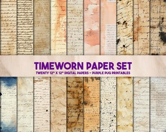 Timeworn Paper Set - Vintage gealterte Papiertexturen, Junk Journal Ephemera, Grunge Hintergründe, antike Schrift, Instant Download
