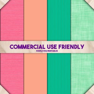 May include: A digital paper pack featuring various textures and colors. The design includes pink, coral, teal, and mint green patterns. The text "COMMERCIAL USE FRIENDLY" is displayed on a banner across the image, with "PURPLE PUG PRINTABLES" below.