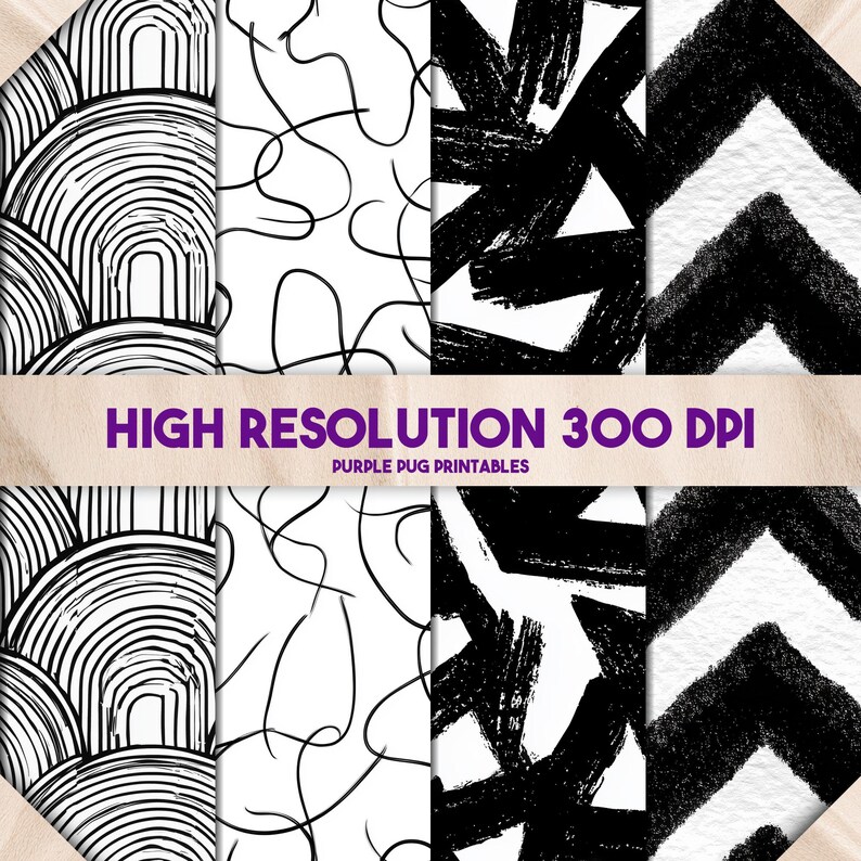 May include: A collection of eight abstract digital art prints in black and white. The designs include geometric patterns, free-flowing lines, and brushstroke textures. The text "HIGH RESOLUTION 300 DPI" and "PURPLE PUG PRINTABLES" are displayed.