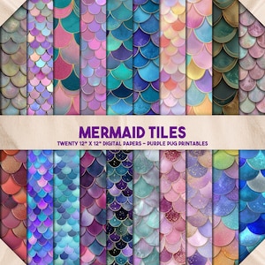 Mermaid Tiles - Seamless Mermaid Scale Digital Paper, Pastel Glitter Ocean Backgrounds, Fantasy Scrapbook Textures, Instant Download